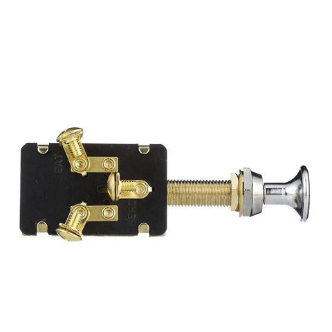 Heavy Duty Three-Position Push-Pull Switch For Dual Circuits With Chrome Knob And Stainless Steel Springs Fits Panels Up To 1 Inch Rated 25 Amps At 6 VDC And 15 Amps At 12 VDC Rugged Boat Electrical Control Switch, rear view