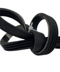Heavy Duty Ribbed Rubber Drive Belt For Workshop Tools And Industrial Motors Featuring Molded Bottom Teeth Low Noise And Runs Buttery Smooth Engineered For High Flex PL Series Mechanical Transmission in black, showing grooves and texture.