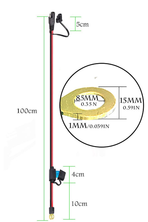 Diagram of SAE To O Ring Terminal Harness With 15A Fuse, 2 Pin Quick Disconnect Plug, 3.28 ft 10 AWG red black wires, dimensions shown