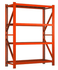 Heavy Duty Four Tier Steel Storage Rack Built To Handle Everyday Clutter For Garage Home Office Setup Quick Adjust Height Settings Heavy Gauge Metal Shelving Unit For Books Gear And Stash in bright orange color with four adjustable shelves.
