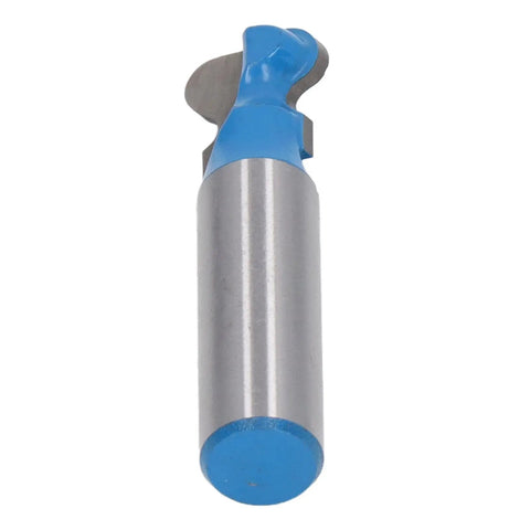 Premium Tungsten Carbide Woodworking Router Bit Trim For Mortising Grooving 1/2 Inch Shank viewed from the top, silver with blue accents.