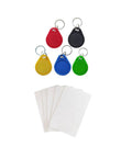 5 colorful keychains and 5 white cards from Handheld 125KHz Card Copier Dupe Kit For T5577 Chips Easy To Use Portable Access Control