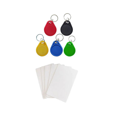 5 colorful keychains and 5 white cards from Handheld 125KHz Card Copier Dupe Kit For T5577 Chips Easy To Use Portable Access Control