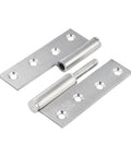 Angled view of a 4-inch stainless steel lift-off door hinge with detachable pin; two plates with four screw holes each