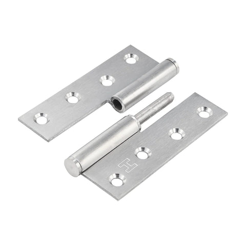 Angled view of a 4-inch stainless steel lift-off door hinge with detachable pin; two plates with four screw holes each