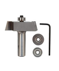 Pro Grade Workhorse Carbide Tipped Shaker Style Raised Panel Router Bit For Two Inch Cutting Diameter With Nine Sixteenths Inch Cutting Length, One Half Inch Shank, And Two And Three Eighths Inch Overall Length, Built For Smooth Precise Panels shown with components and hex key