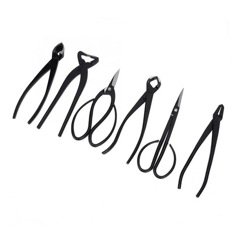 Rust Proof Steel Bonsai Pruning Tools 6 Piece Garden Snips And Clippers With Durable Travel Bag Easy Grip Blades on white background.