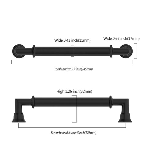 Detailed dimensions of Six Pack 5 Inch Matte Black Cabinet Handles for kitchen cabinets, modern satin black finish shown.