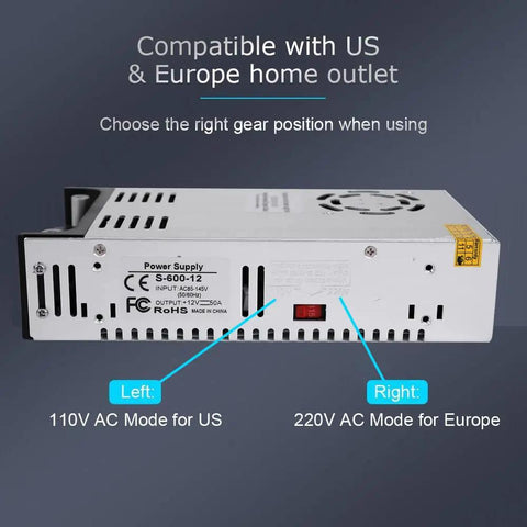 Back view of Beefy 12V 50A 600W DC Power Supply Converter showing 110V and 220V AC mode switch with labels for compatibility.