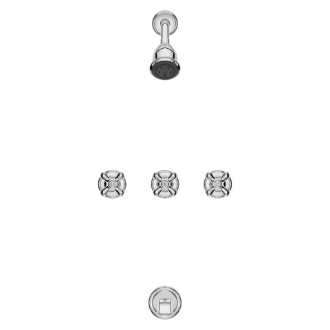 Three-Handle Tub And Shower Faucet Set With Metal Cross Handles, Polished Chrome Finish, 1.8 GPM Flow Rate, 5-Hole Installation, Includes Shower Arm And Tub Spout, Valve Sold Separately, Easy Upgrade For Your Bath