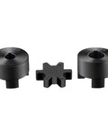 Front view of a 3-piece L-jaw coupling set with Buna-N rubber spider; two black hubs labeled L090/L095N and cross spider.