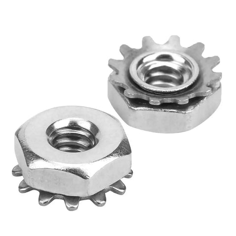 Rock Solid 100 Steel Toothed Nuts With Star Washers 6 32 Thread Locking Hardware for Industrial Robots and Heavy Machinery.