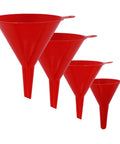Four Piece Plastic Funnel Set With Nesting Design in Red, Super Handy for Kitchen and Automotive Use, displayed in increasing size order