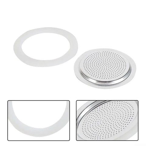 Long Lasting Silicone Gasket Seal For Espresso Moka Pot Replacement, sieve and flexible rubber seal visible, fits 2 cup pots
