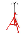 Pipe jack stand, red steel, adjustable height with folding tripod legs