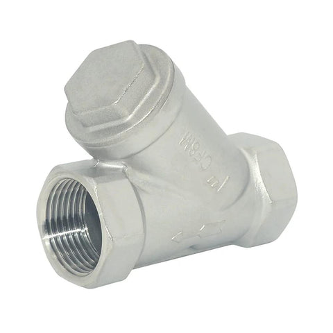 1-inch stainless steel WYE strainer valve with hex cleanout cap and threaded ends, angled view