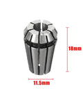 Pro 8-PC ER11 Collet Chuck Set With Quick Self Release Tool Holder For CNC Milling Drilling Boring And Sculpture Tasks Fits 1-7mm End Mills, showing detailed ER11 collet dimensions.