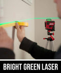 Display of 100 Foot Self Leveling Green Cross Line Laser With Rechargeable Battery, 360 Degree Horizontal Projection, on tripod