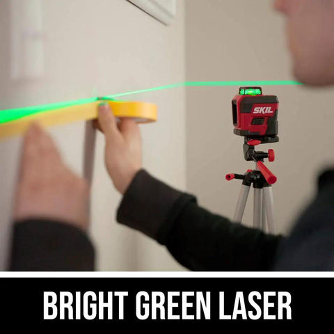 Display of 100 Foot Self Leveling Green Cross Line Laser With Rechargeable Battery, 360 Degree Horizontal Projection, on tripod