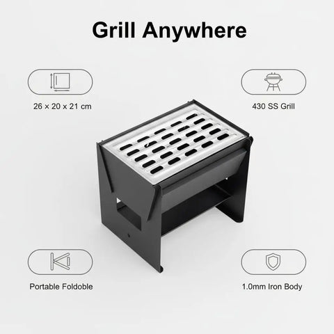 Compact Foldable Charcoal Grill For 1 To 2 People, Tabletop BBQ Cooker with 1.0mm iron body and portable foldable design.