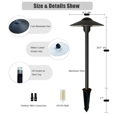 Low Voltage Path Lights Cast Aluminum Pathway And Driveway Lighting Kit with 8.3' wide aluminum hat and 20.9' tall stem details