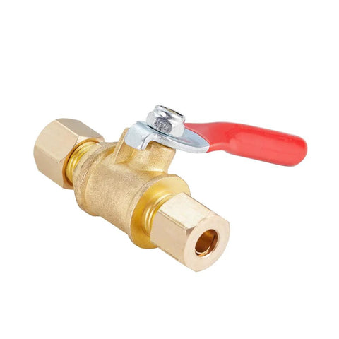 Brass ball valve with red lever handle and 1/4-in compression fittings, straight coupling (2pcs)