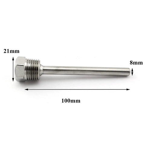 Two Pack Half Inch NPT Stainless Steel Thermowell With Nylon Cable Gland For Temperature Sensors, shown with dimensions.