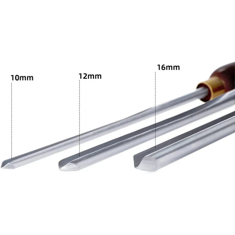 Professional Wood Turning Bowl Gouge Set Includes Three Super Sharp High Speed Steel Blades with 10mm, 12mm, and 16mm blade tips.
