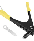 Manual Rivet Tool Kit With Four Replacement Heads Spring Handle And Nozzle For Metal Fiber Leather And Plastic Blind Rivet Hand Tool For Gutter Repair And Heavy Duty Fastening, black and yellow hand tool with extra nozzle