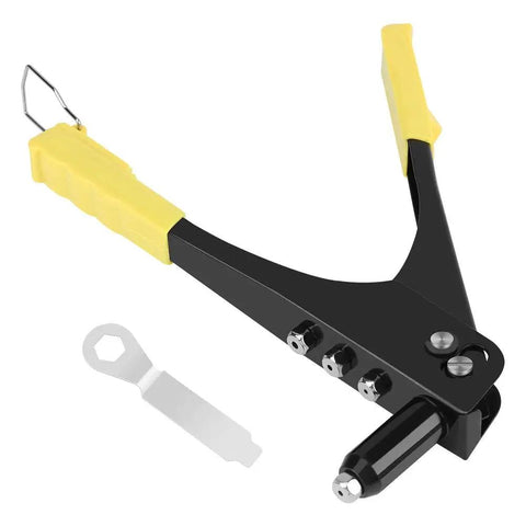 Manual Rivet Tool Kit With Four Replacement Heads Spring Handle And Nozzle For Metal Fiber Leather And Plastic Blind Rivet Hand Tool For Gutter Repair And Heavy Duty Fastening, black and yellow hand tool with extra nozzle