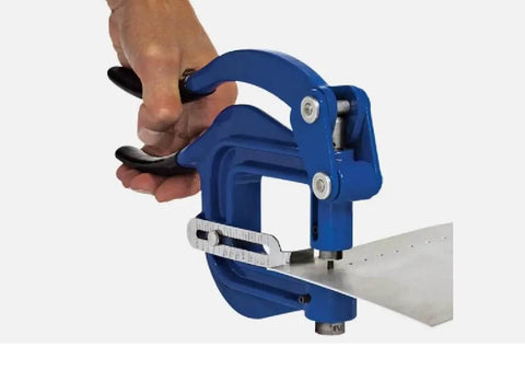 Deep Throat Sheet Metal Rivet Hole Punch Kit handheld tool in use on sheet metal with adjustable die sizes