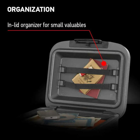 Open view of fireproof and waterproof document safe with key lock for cash, passport, and jewelry showing inner organizer.