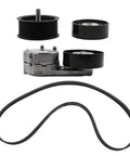 Top Notch Drive Belt Idler Pulley And Tensioner Kit With Four Essential Parts LR011327 LR035545 For Land Rover Discovery Lr4 And Sport That Keeps Your Engine Running Smooth And Quiet Like New. Black belt idler pulley and tensioner kit with serpentine belt, four-piece set