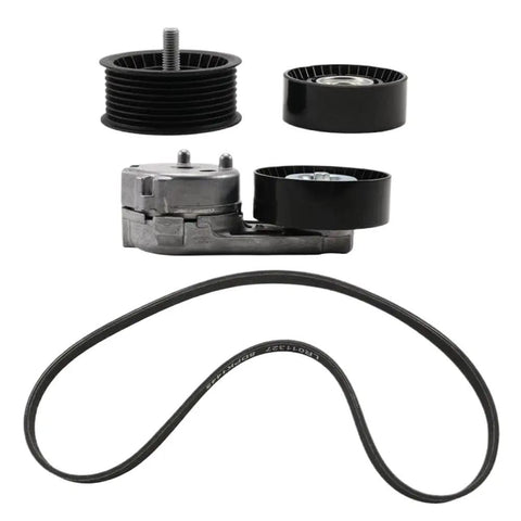 Top Notch Drive Belt Idler Pulley And Tensioner Kit With Four Essential Parts LR011327 LR035545 For Land Rover Discovery Lr4 And Sport That Keeps Your Engine Running Smooth And Quiet Like New. Black belt idler pulley and tensioner kit with serpentine belt, four-piece set