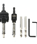 JIECHENG 6-piece hole saw arbor set with black quick-change arbors and silver drill bits; includes hex keys.