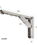 2 Piece Heavy Duty Folding Shelf Brackets Wall Mount Wood Support with dimensions, stainless steel, for collapsible table use.