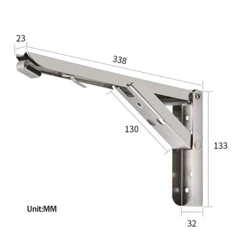 2 Piece Heavy Duty Folding Shelf Brackets Wall Mount Wood Support with dimensions, stainless steel, for collapsible table use.