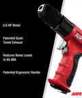 Heavy Duty 0.6 HP Pneumatic Drill With Three Eighths Inch Chuck, Reversible Air Tool, 1800 RPM, Lightweight Composite Body