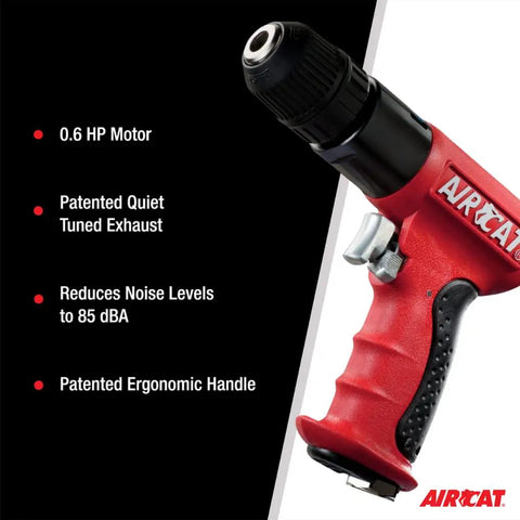 Heavy Duty 0.6 HP Pneumatic Drill With Three Eighths Inch Chuck, Reversible Air Tool, 1800 RPM, Lightweight Composite Body