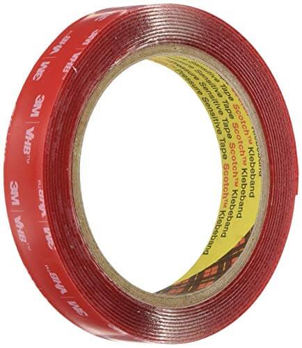 VHB 4910F Clear Double-Sided Acrylic Adhesive Tape roll with red liner, suitable for indoor and outdoor transparent bonding, 19 mm x 3 m.