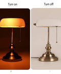 White Matte Glass Banker Desk Lamp In Retro Bronze Finish With Rotatable Lampshade, Pull Switch Plug In Off and On