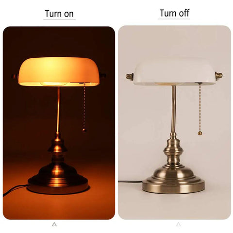White Matte Glass Banker Desk Lamp In Retro Bronze Finish With Rotatable Lampshade, Pull Switch Plug In Off and On