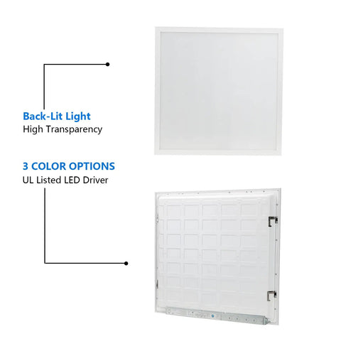 Front and back view of 2x2 Ft LED Flat Panel Light Fixture Dimmable Backlit Ceiling Light With 3 Color Temperature Options