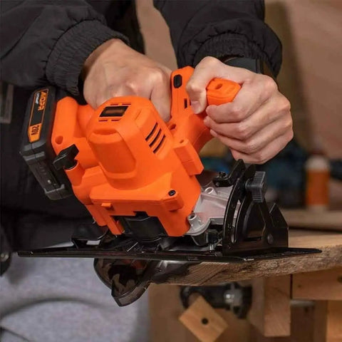 Top Shelf 5.5 Inch Cordless Circular Saw With 20V Battery And Quick Adjustable Bevel Up To 45 Degrees Comes With Rip Guide for precise cutting.