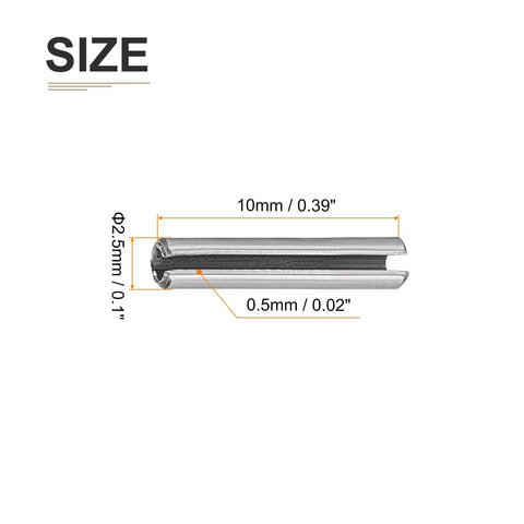 Slotted Roll Pin 2.5mm X 10mm 20 Pack 304 Stainless Steel Silver, side view showing dimensions, ideal for home workshop projects.