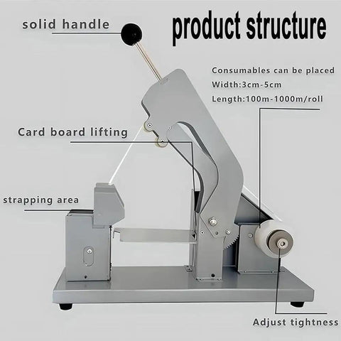 Semi Automatic Vegetable Strapping Machine For PE PVC Film Bundling Steel Build Adjustable Workbench with solid handle and strapping area.