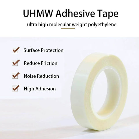 UHMW Polyethylene Tape For Surface Protection And Squeak Reduction, 0.75 Inch Wide, 5 Yards, 10 Mil Thick with features listed
