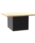 Heavy Duty Shop Workbench With Storage Cabinet Butcher Block Top 64 Inch Wide 54 Inch Deep 33 Inch High Black Baked Enamel Steel Base and Hardwood Top cabinet with wooden top.