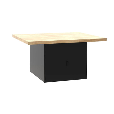 Heavy Duty Shop Workbench With Storage Cabinet Butcher Block Top 64 Inch Wide 54 Inch Deep 33 Inch High Black Baked Enamel Steel Base and Hardwood Top cabinet with wooden top.