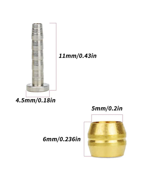 14 Piece Brass Olive and Steel Insert Kit for Disc Brake Hose BH90 Compatible MTB Hydraulic Brakes, showing olive and insert dimensions.
